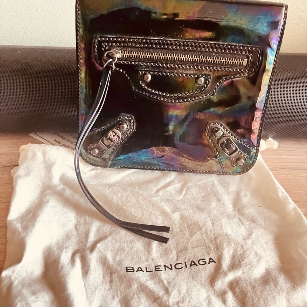 Balenciaga patent rainbow clutch